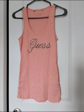 GUESS Coral Pink Rhinestone Logo Tank